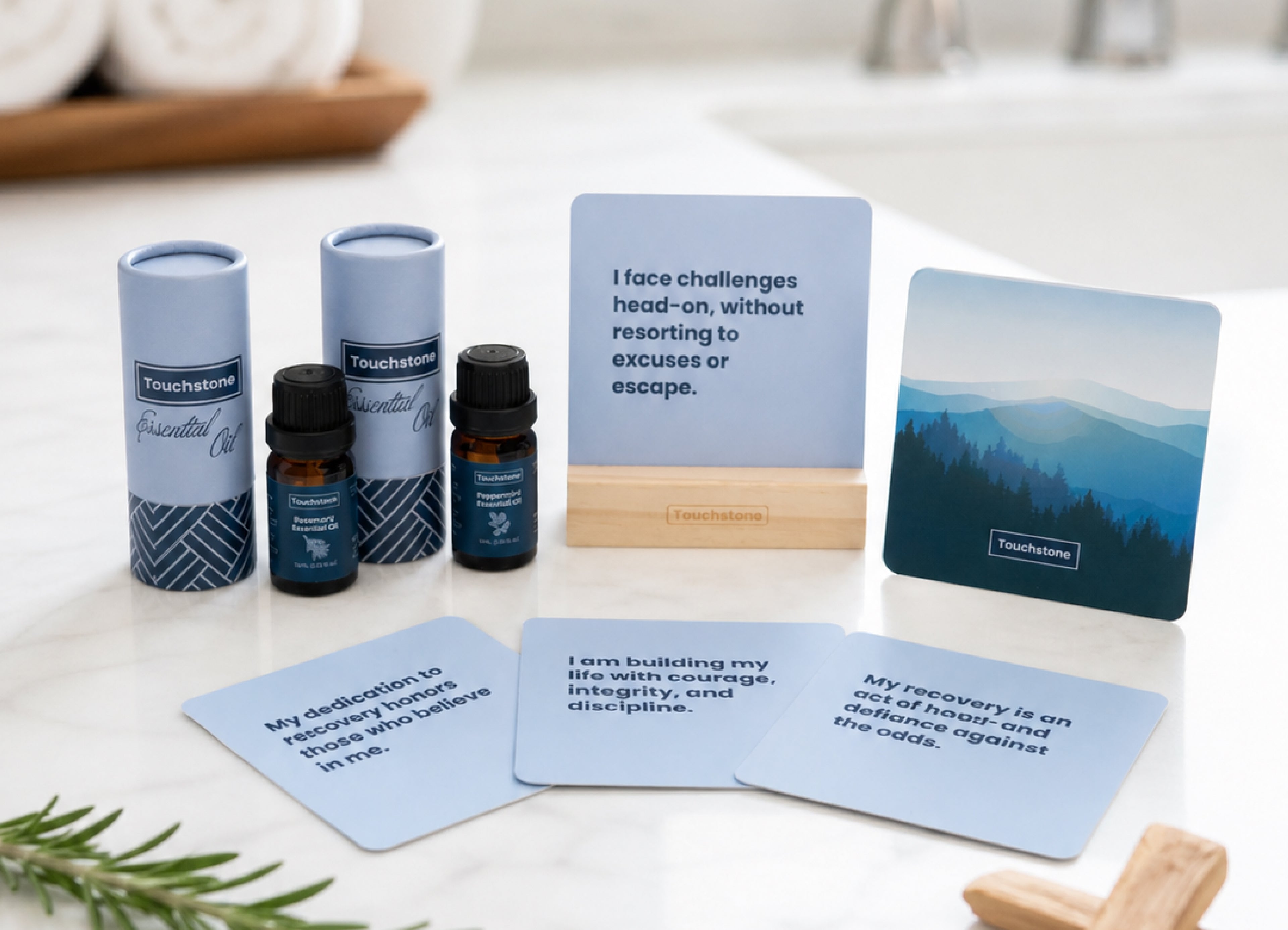 Aromatherapy Affirmation Set – 50 Cards with Wood Stand + Rosemary & Mint Essential Oils & Wooden Bead Scent Diffuser