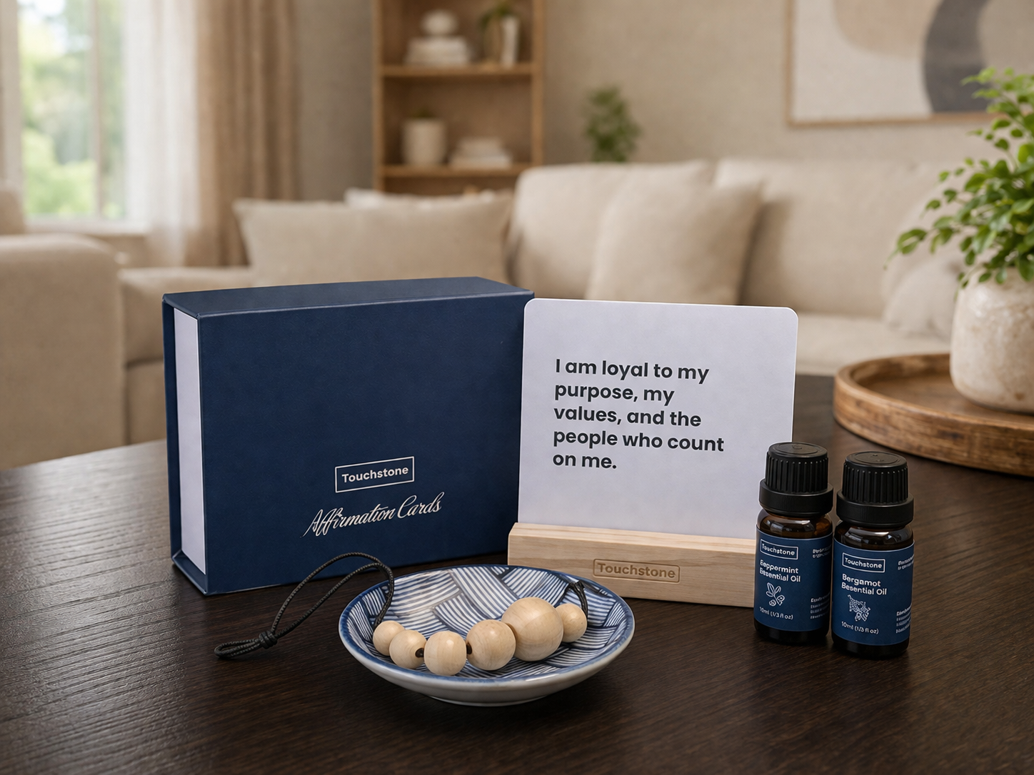 Aromatherapy Affirmation Set – 50 Cards with Wood Stand + Rosemary & Mint Essential Oils & Wooden Bead Scent Diffuser